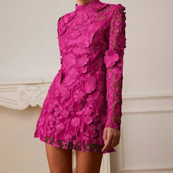 Hot Pink Elegant Women's Embroidery Floral Embroidered long sleeve Mesh dress - Picture 2 of 6